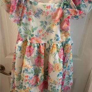 Rare Editions White Floral Off-Shoulder Party Dress with Pink & Yellow Flowers